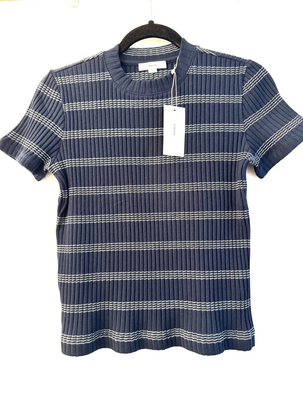 Vince Navy Short-Sleeve Ribbed Top with White Stripes